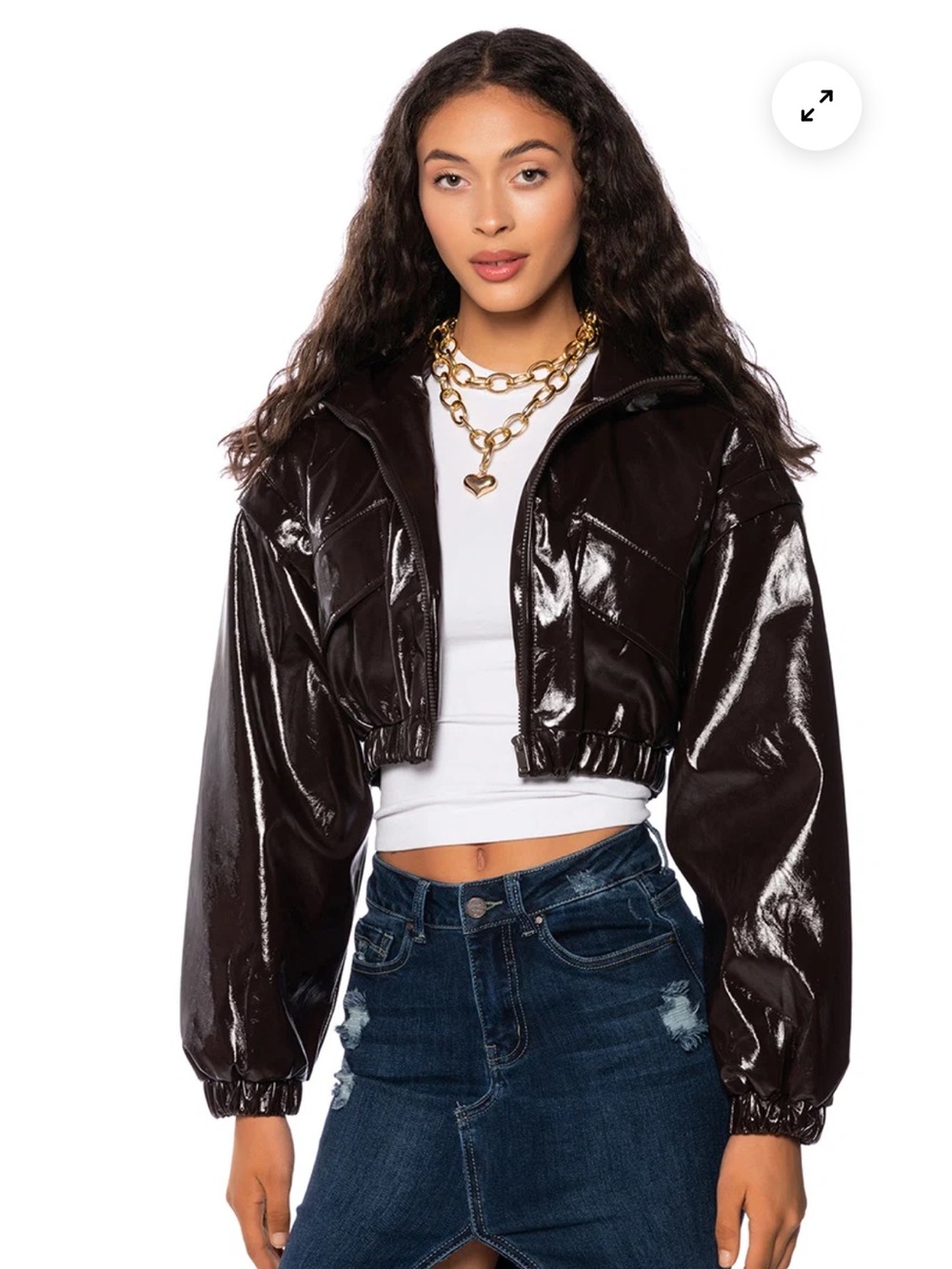 AKIRA Patent Brown Cropped Bomber Jacket - Women